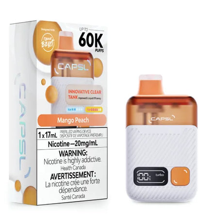 CAPSL vape device and packaging with mango peach flavor on a white background
